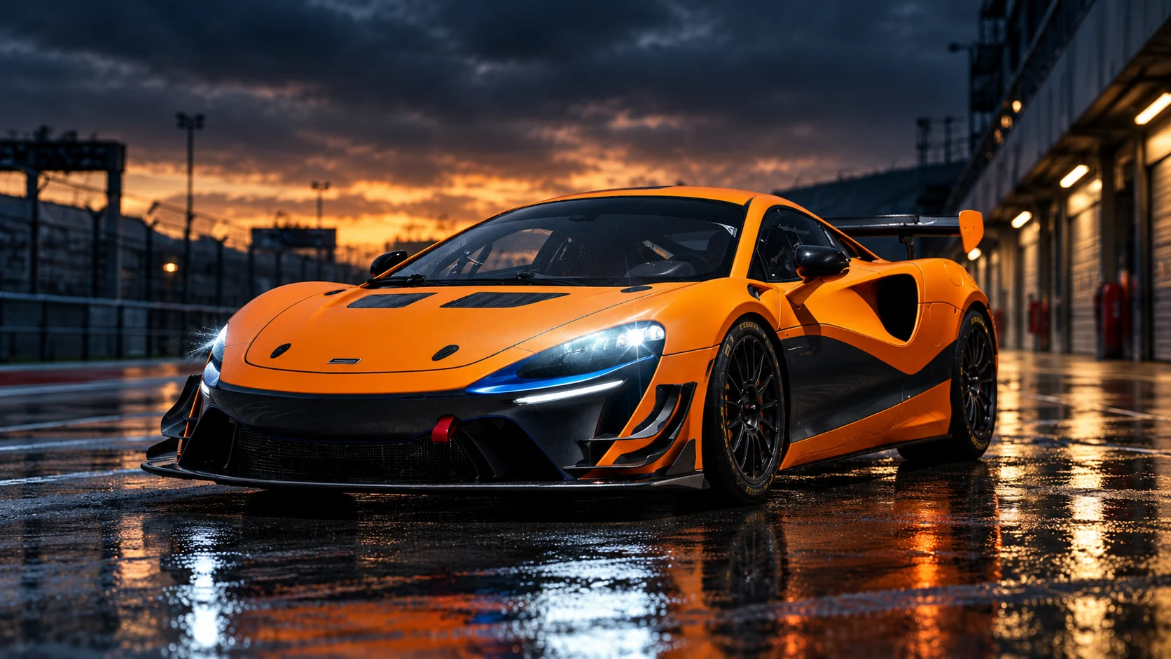 Papaya McLaren Artura Trophy concept render in a wet pit lane at dusk